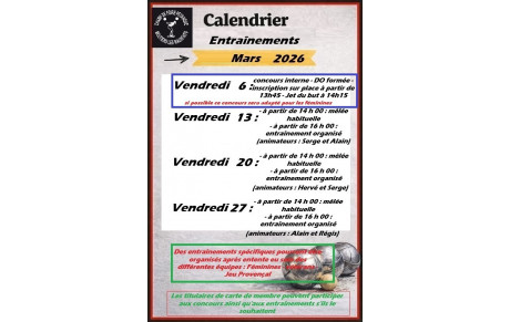 Calendrier mensuel des entraînements club 2026